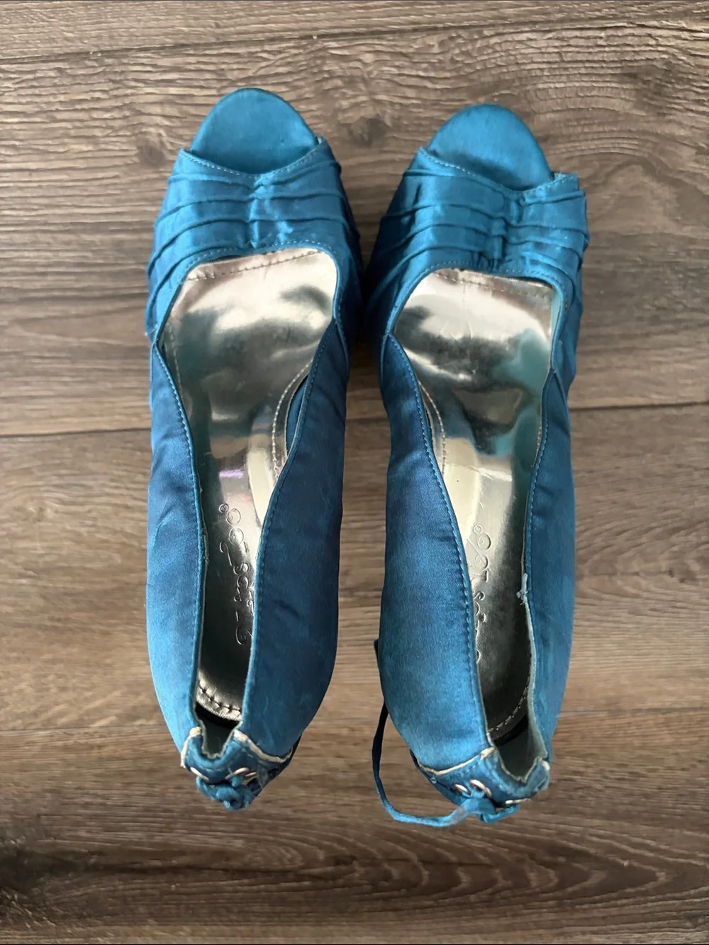 2 Lips Too Teal Blue Satin Colorful Abstract Peep-Toe Platform Heels